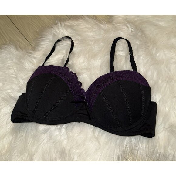 Jezebel 2915 Push Up Balconette Bra Underwire Lace Womens 34C Black Purple - Picture 1 of 7